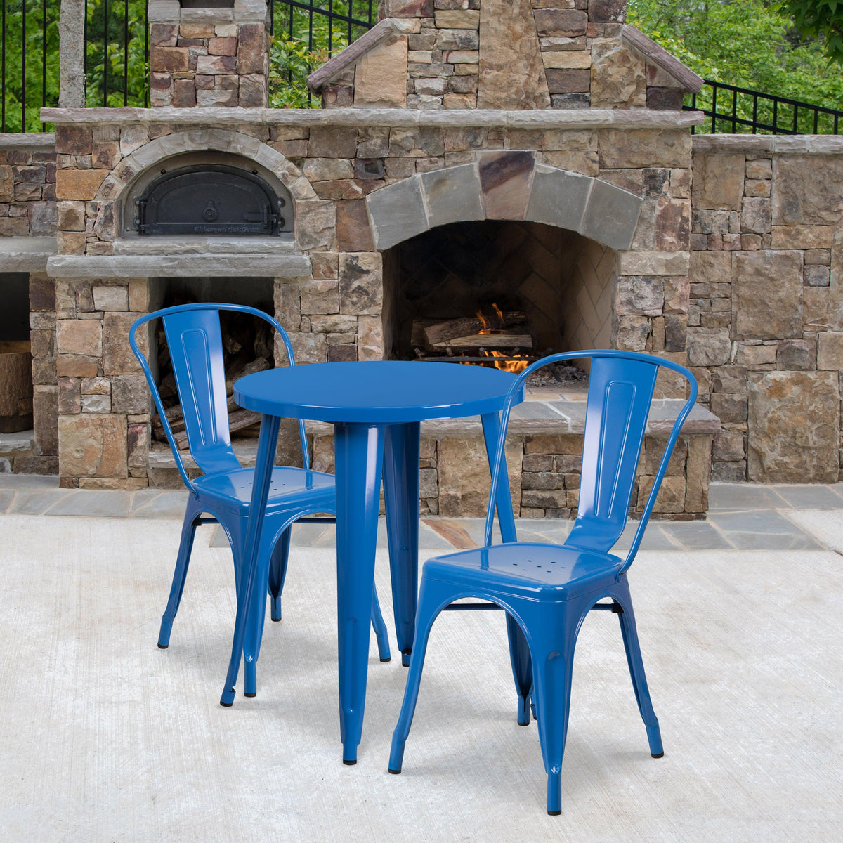 Blue |#| 24inch Round Blue Metal Indoor-Outdoor Table Set with 2 Cafe Chairs - Patio Set