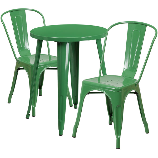 Green |#| 24inch Round Green Metal Indoor-Outdoor Table Set with 2 Cafe Chairs - Patio Set