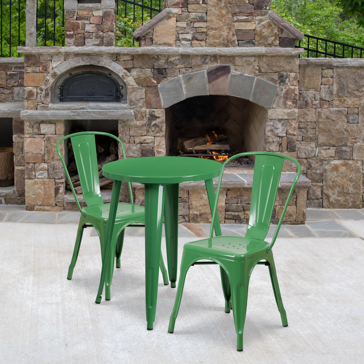 Green |#| 24inch Round Green Metal Indoor-Outdoor Table Set with 2 Cafe Chairs - Patio Set