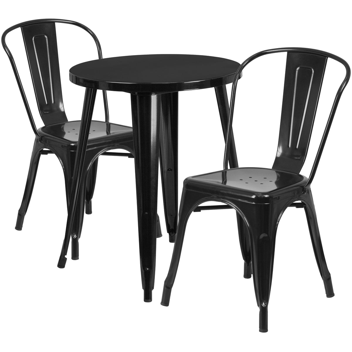 Black |#| 24inch Round Black Metal Indoor-Outdoor Table Set with 2 Cafe Chairs - Patio Set