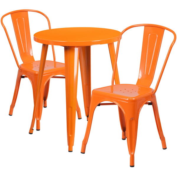 Orange |#| 24inch Round Orange Metal Indoor-Outdoor Table Set with 2 Cafe Chairs - Patio Set