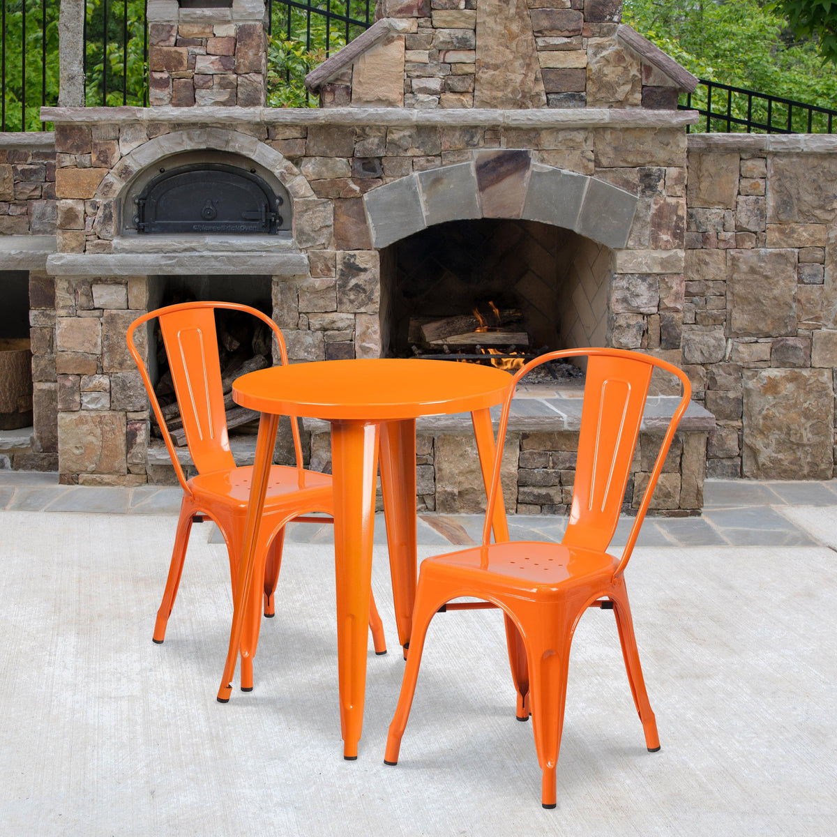 Orange |#| 24inch Round Orange Metal Indoor-Outdoor Table Set with 2 Cafe Chairs - Patio Set