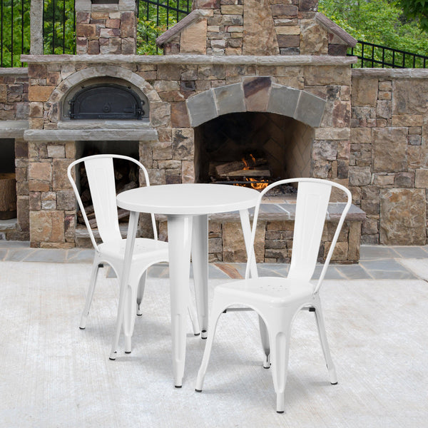 White |#| 24inch Round White Metal Indoor-Outdoor Table Set with 2 Cafe Chairs - Patio Set