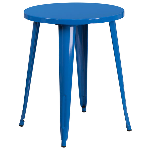 Blue |#| 24inch Round Blue Metal Indoor-Outdoor Table Set with 2 Vertical Slat Back Chairs