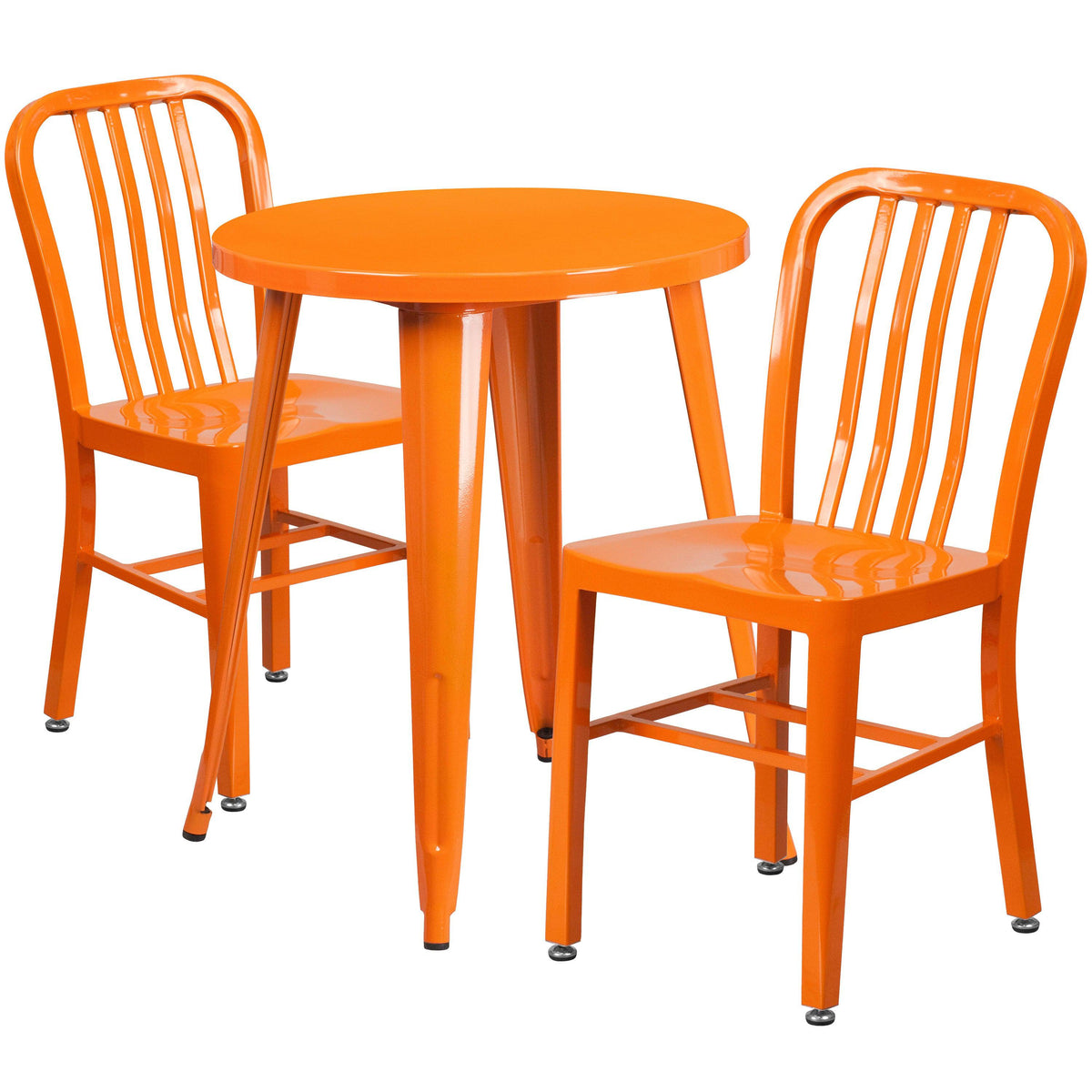 Orange |#| 24inch Round Orange Metal Indoor-Outdoor Table Set w/ 2 Vertical Slat Back Chairs