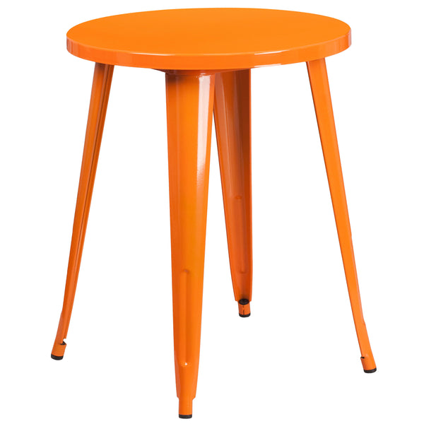 Orange |#| 24inch Round Orange Metal Indoor-Outdoor Table Set w/ 2 Vertical Slat Back Chairs