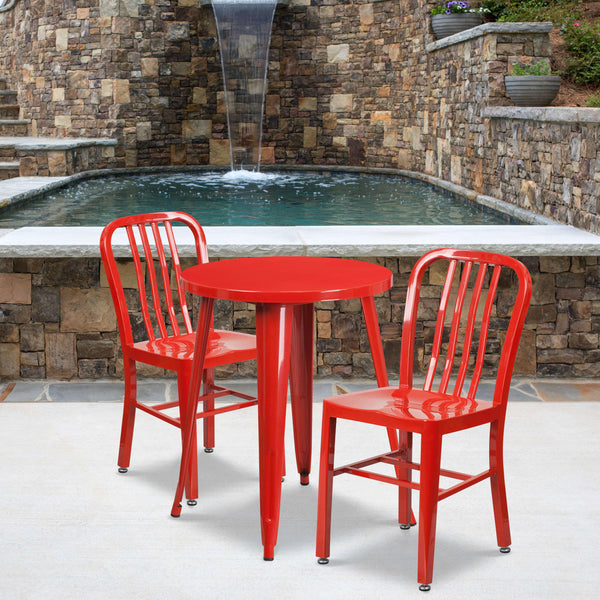 Red |#| 24inch Round Red Metal Indoor-Outdoor Table Set with 2 Vertical Slat Back Chairs