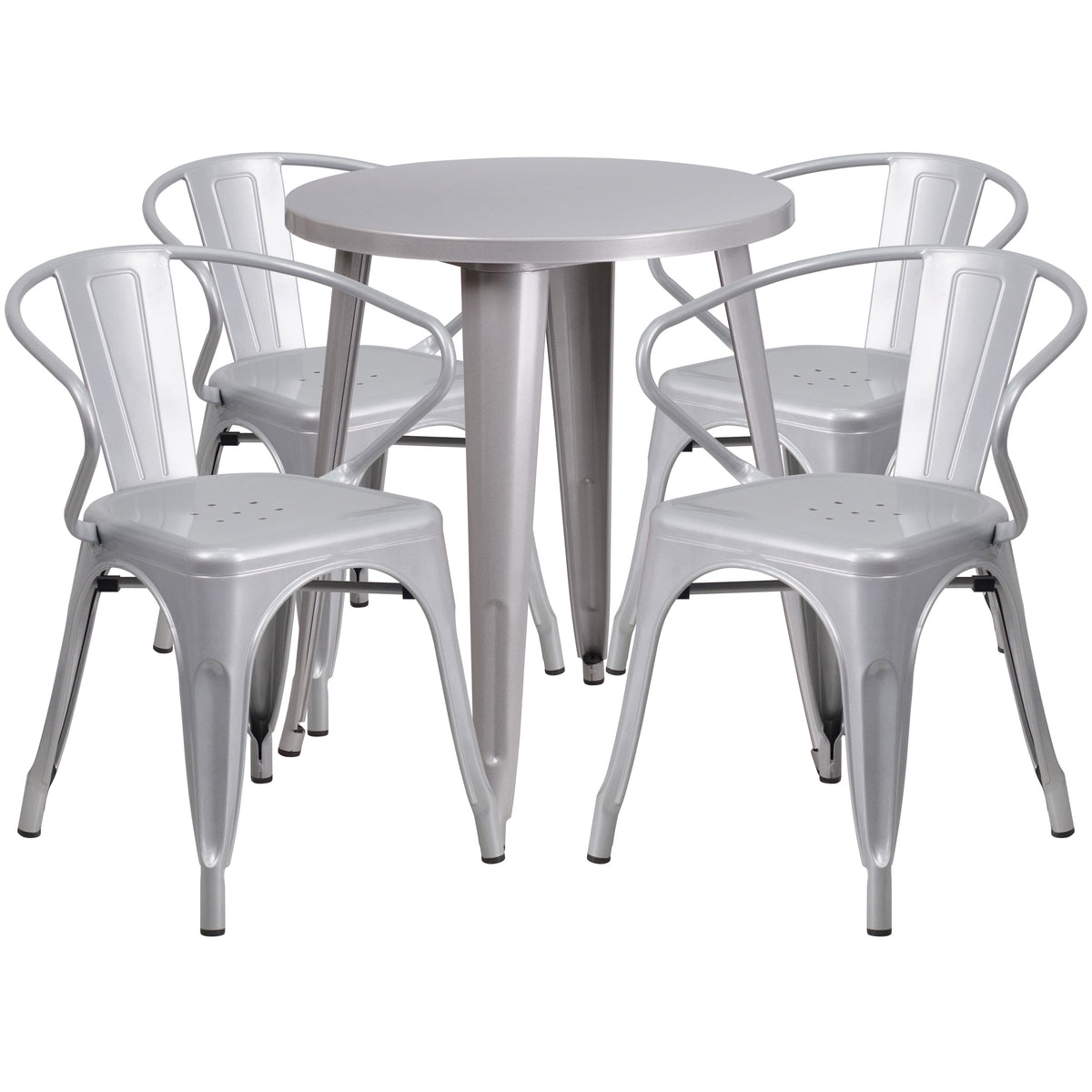 Silver |#| 24inch Round Silver Metal Indoor-Outdoor Table Set with 4 Arm Chairs