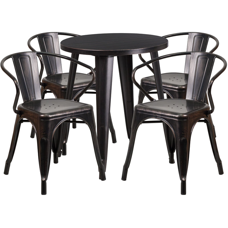 Black-Antique Gold |#| 24inch Round Black-Antique Gold Metal Indoor-Outdoor Table Set with 4 Arm Chairs