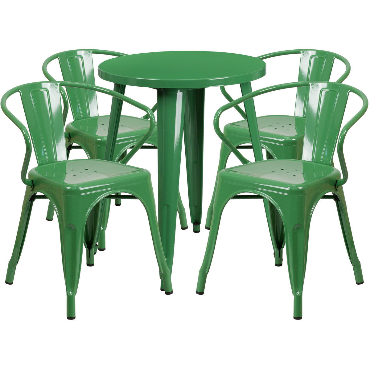 Green |#| 24inch Round Green Metal Indoor-Outdoor Table Set with 4 Arm Chairs