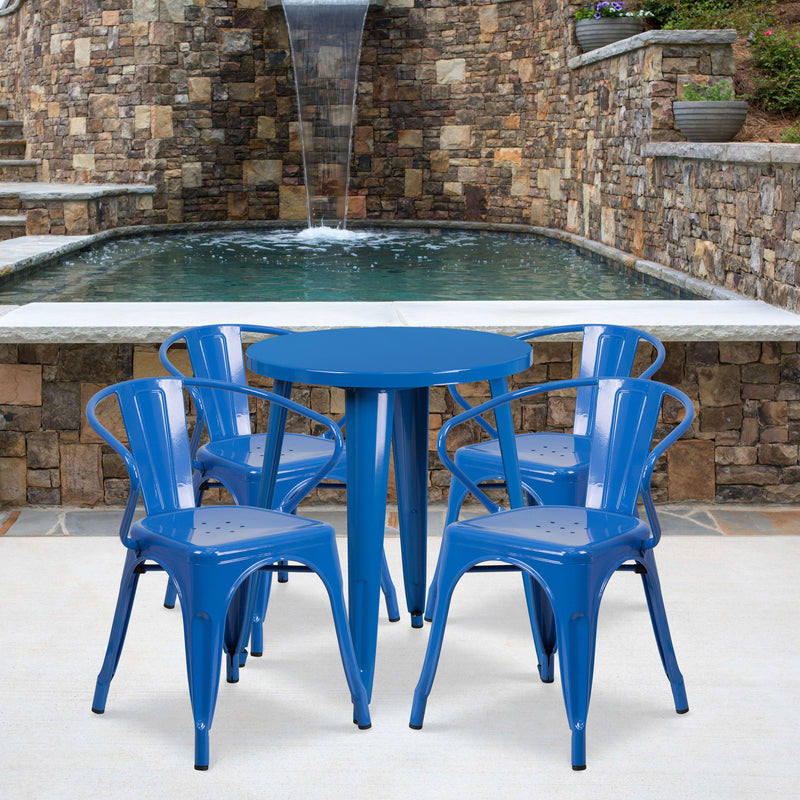 Blue |#| 24inch Round Blue Metal Indoor-Outdoor Table Set with 4 Arm Chairs