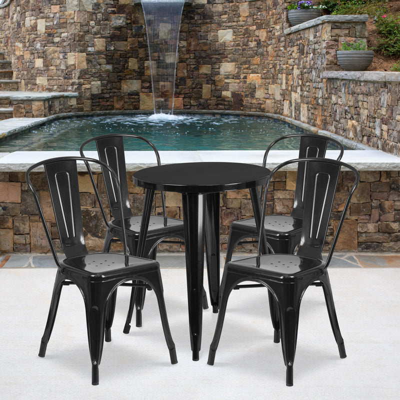 Black |#| 24inch Round Black Metal Indoor-Outdoor Table Set with 4 Cafe Chairs