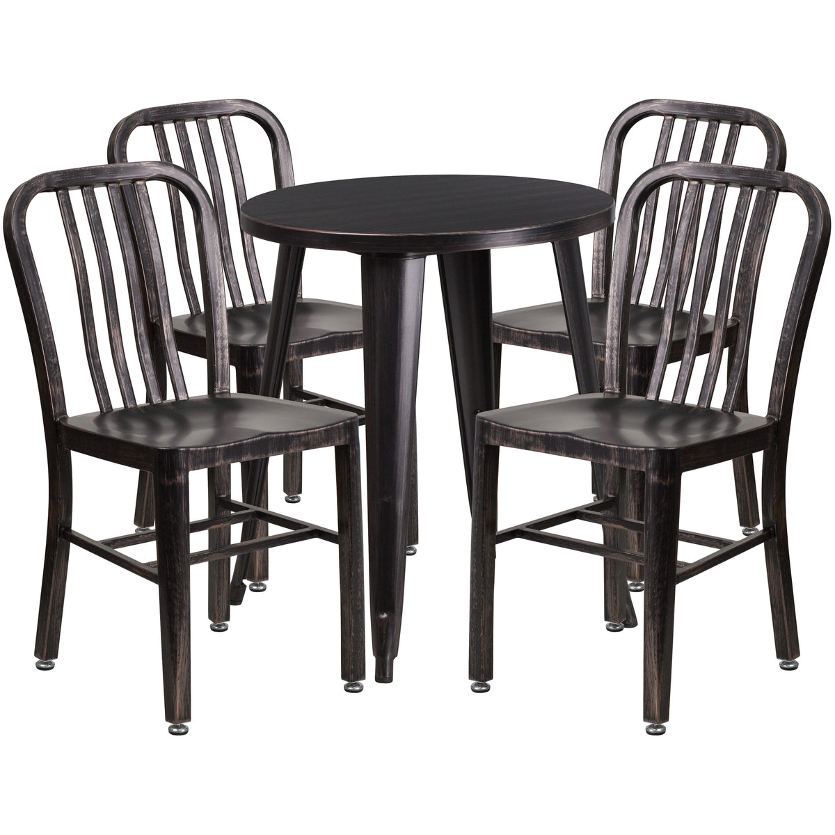 Black-Antique Gold |#| 24inch Round Black-Gold Metal Indoor-Outdoor Table Set with 4 Slat Back Chairs
