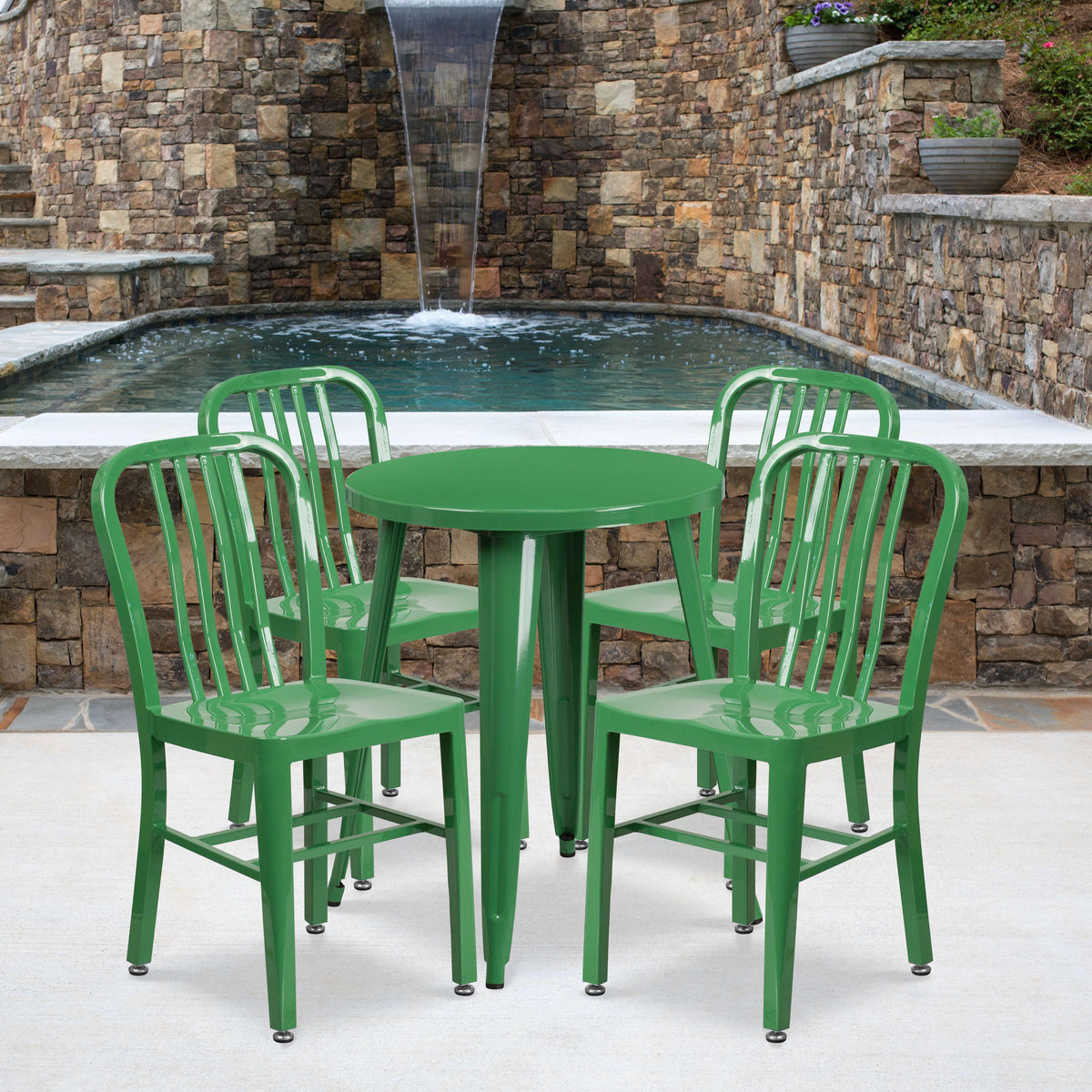 Green |#| 24inch Round Green Metal Indoor-Outdoor Table Set with 4 Vertical Slat Back Chairs