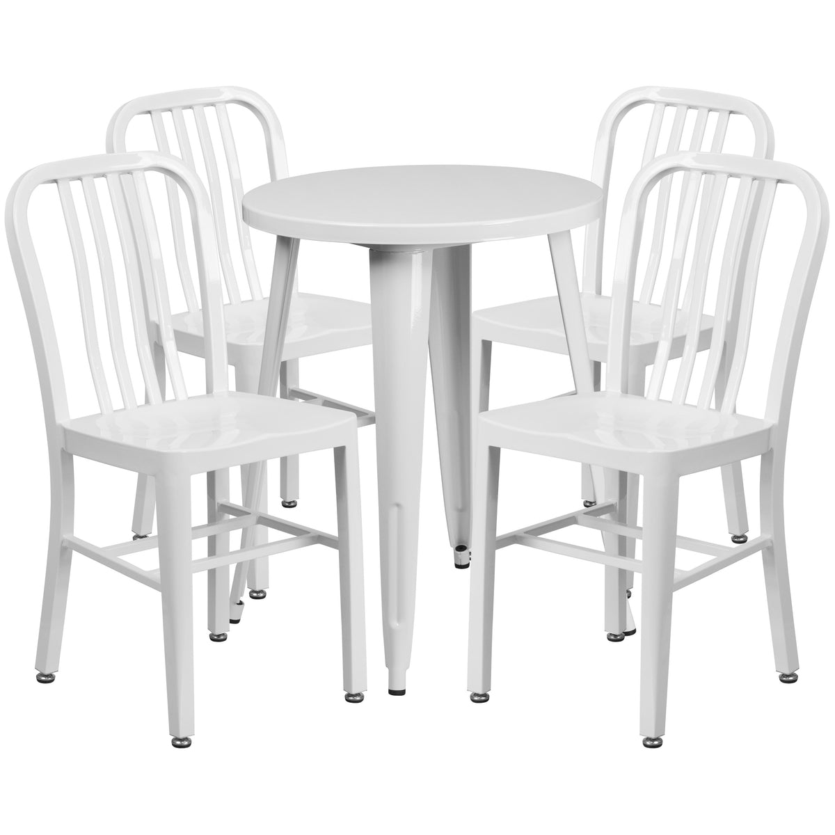 White |#| 24inch Round White Metal Indoor-Outdoor Table Set with 4 Vertical Slat Back Chairs