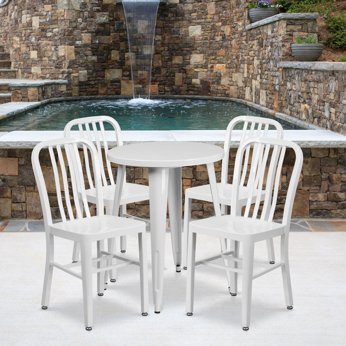 White |#| 24inch Round White Metal Indoor-Outdoor Table Set with 4 Vertical Slat Back Chairs