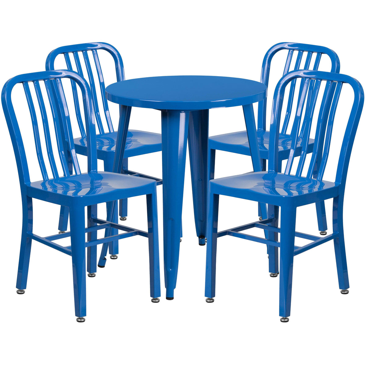 Blue |#| 24inch Round Blue Metal Indoor-Outdoor Table Set with 4 Vertical Slat Back Chairs