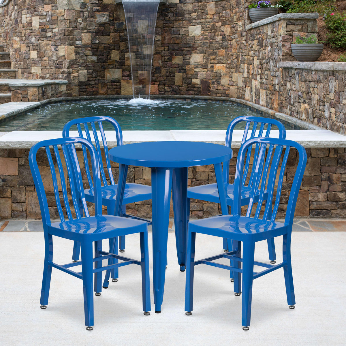 Blue |#| 24inch Round Blue Metal Indoor-Outdoor Table Set with 4 Vertical Slat Back Chairs