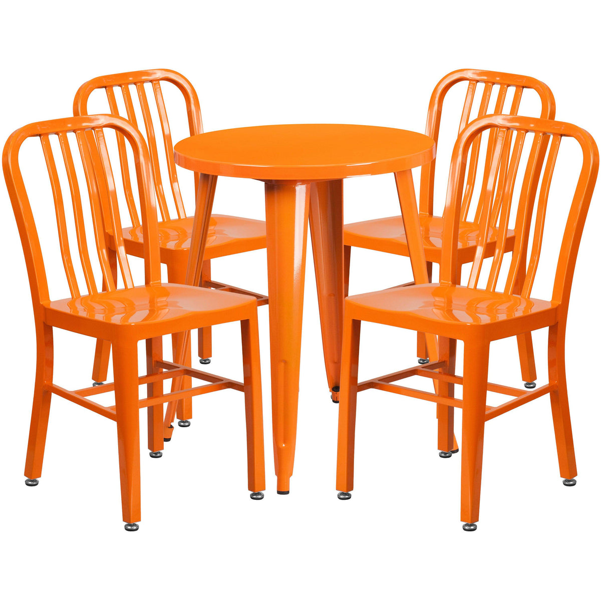Orange |#| 24inch Round Orange Metal Indoor-Outdoor Table Set w/4 Vertical Slat Back Chairs