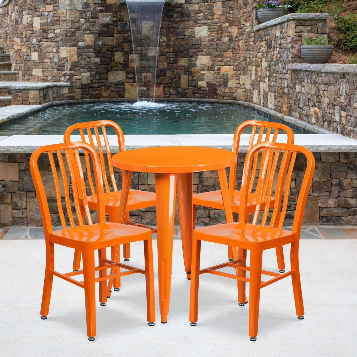 Orange |#| 24inch Round Orange Metal Indoor-Outdoor Table Set w/4 Vertical Slat Back Chairs