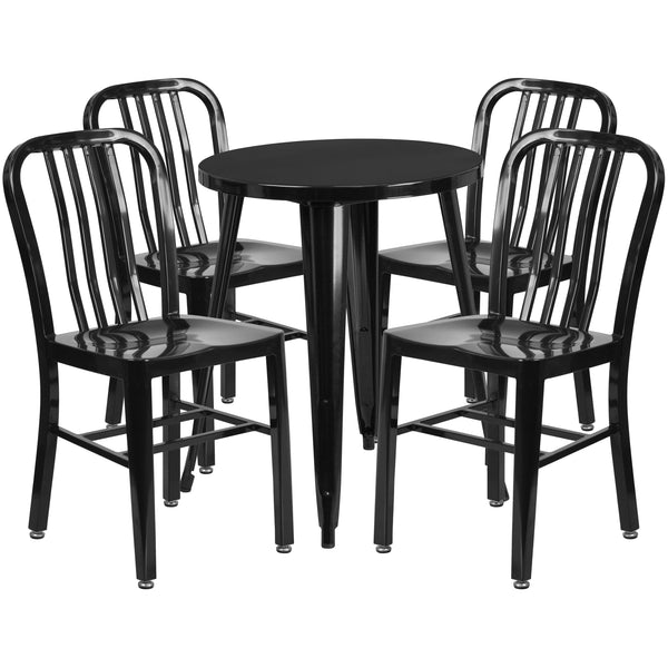Black |#| 24inch Round Black Metal Indoor-Outdoor Table Set with 4 Vertical Slat Back Chairs