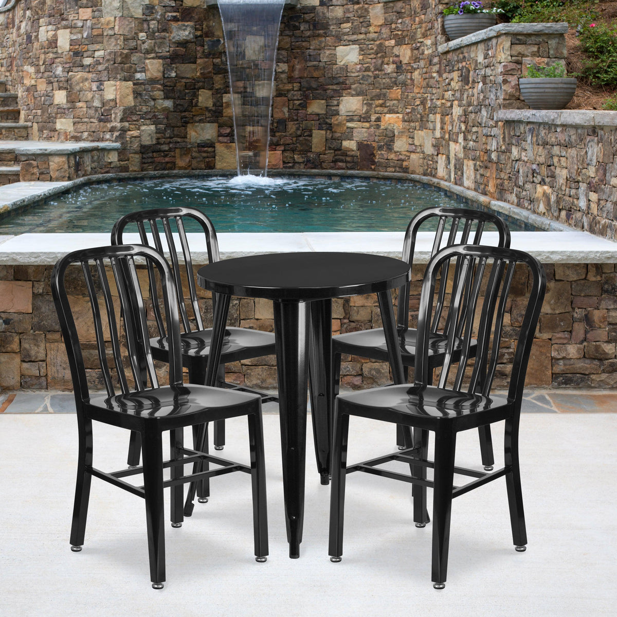 Black |#| 24inch Round Black Metal Indoor-Outdoor Table Set with 4 Vertical Slat Back Chairs