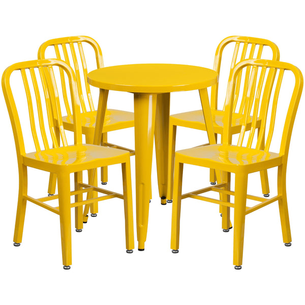 Yellow |#| 24inch Round Yellow Metal Indoor-Outdoor Table Set w/ 4 Vertical Slat Back Chairs