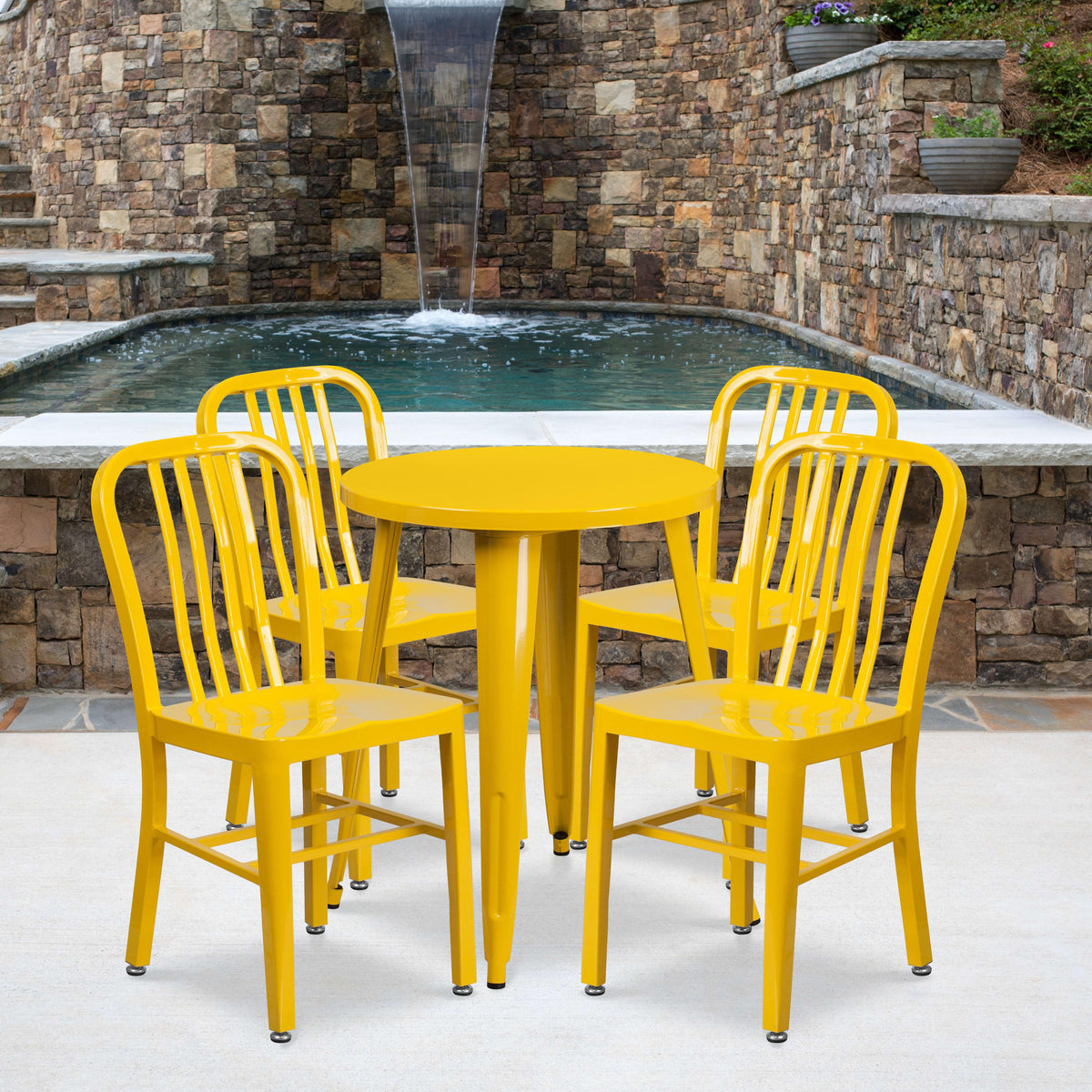 Yellow |#| 24inch Round Yellow Metal Indoor-Outdoor Table Set w/ 4 Vertical Slat Back Chairs