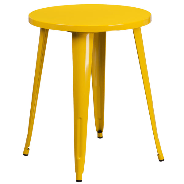 Yellow |#| 24inch Round Yellow Metal Indoor-Outdoor Table Set w/ 4 Vertical Slat Back Chairs