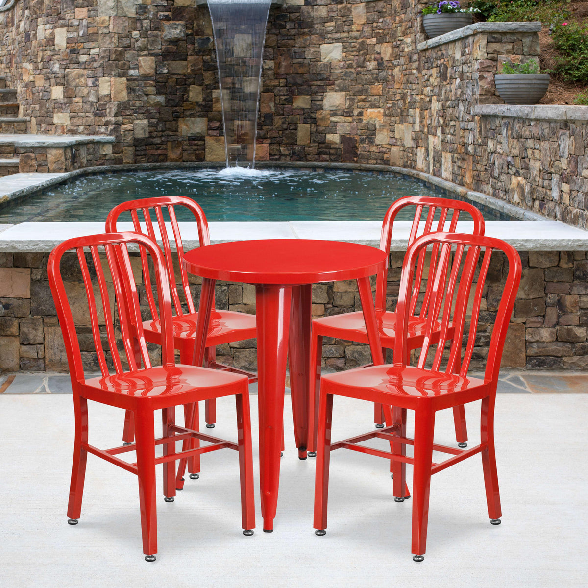 Red |#| 24inch Round Red Metal Indoor-Outdoor Table Set with 4 Vertical Slat Back Chairs