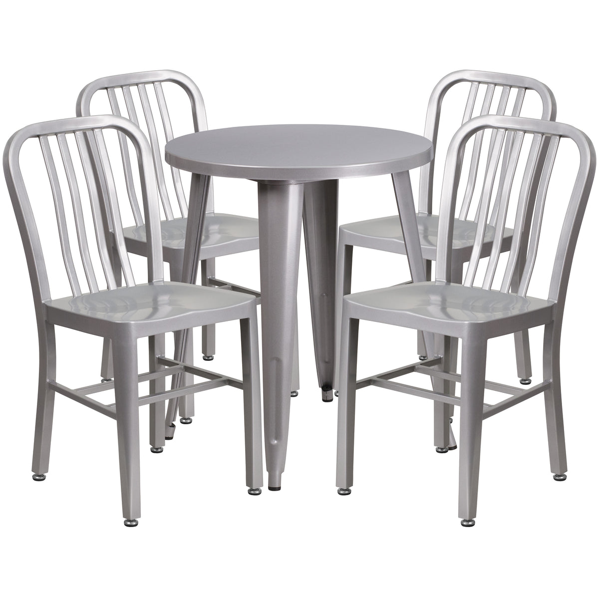 Silver |#| 24inch Round Silver Metal Indoor-Outdoor Table Set w/ 4 Vertical Slat Back Chairs