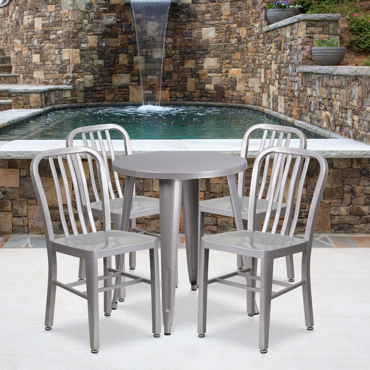 Silver |#| 24inch Round Silver Metal Indoor-Outdoor Table Set w/ 4 Vertical Slat Back Chairs