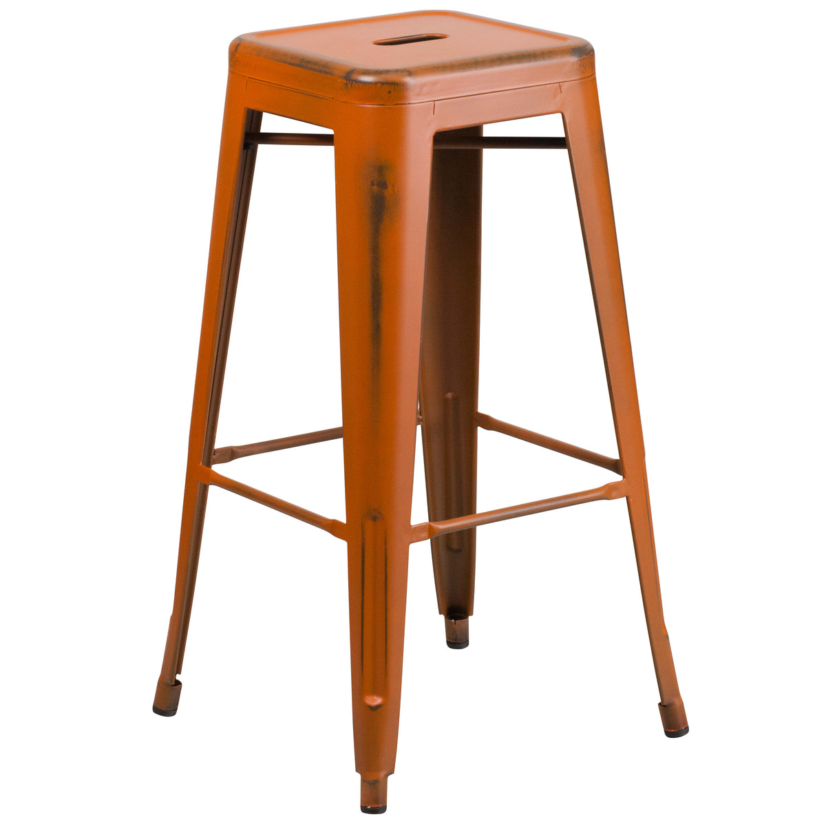 Orange |#| 30inch High Backless Distressed Orange Metal Indoor-Outdoor Barstool - Patio Chair