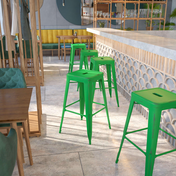 Green |#| 30inch High Backless Distressed Green Metal Indoor-Outdoor Barstool - Patio Chair