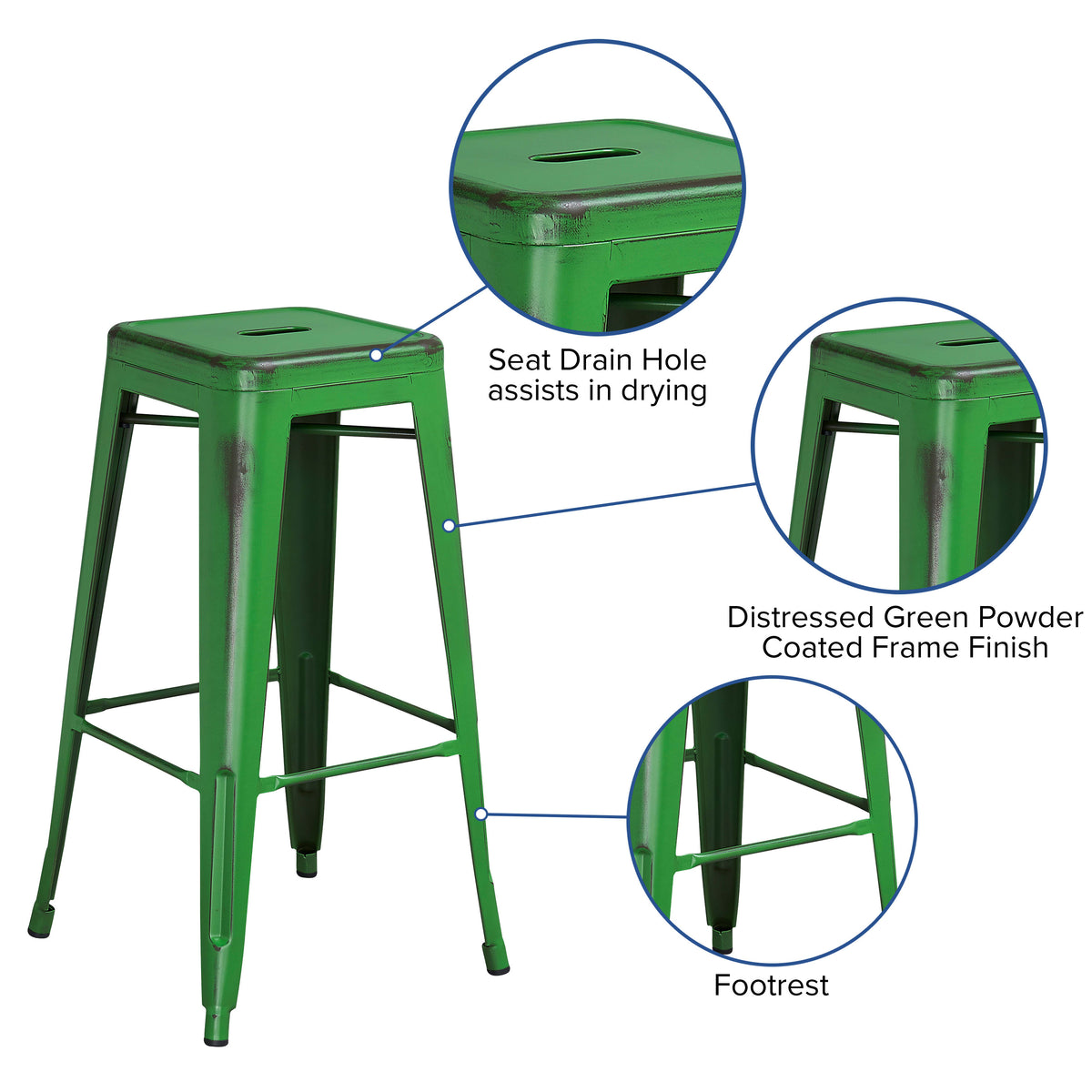 Green |#| 30inch High Backless Distressed Green Metal Indoor-Outdoor Barstool - Patio Chair