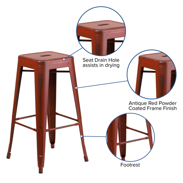 Kelly Red |#| 30inch High Backless Distressed Red Metal Indoor-Outdoor Barstool - Patio Chair