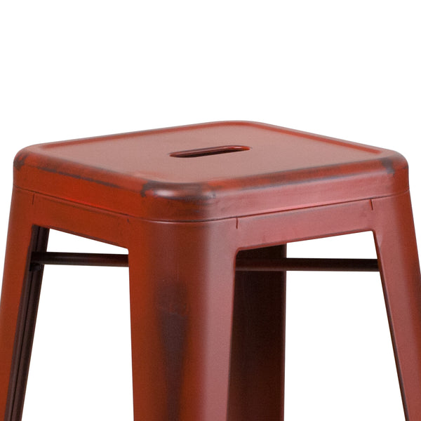 Kelly Red |#| 30inch High Backless Distressed Red Metal Indoor-Outdoor Barstool - Patio Chair