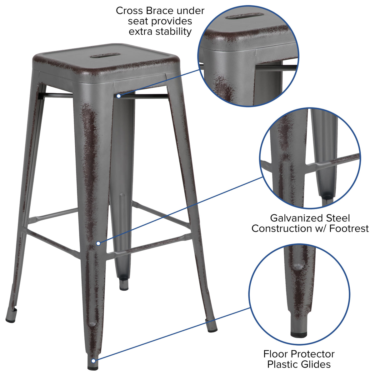 Silver Gray |#| 30inchH Backless Distressed Silver Gray Metal Indoor-Outdoor Dining Barstool