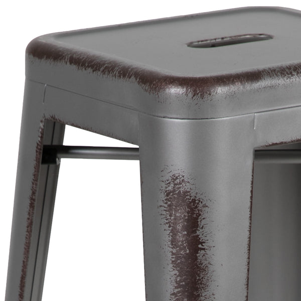 Silver Gray |#| 30inchH Backless Distressed Silver Gray Metal Indoor-Outdoor Dining Barstool