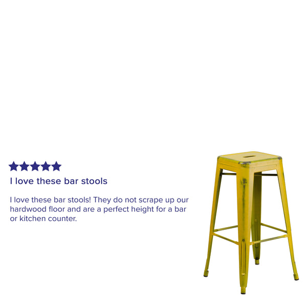 Yellow |#| 30inch High Backless Distressed Yellow Metal Indoor-Outdoor Barstool - Patio Chair
