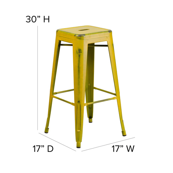 Yellow |#| 30inch High Backless Distressed Yellow Metal Indoor-Outdoor Barstool - Patio Chair