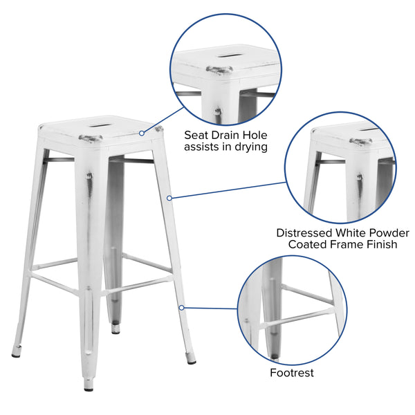 White |#| 30inch High Backless Distressed White Metal Indoor-Outdoor Barstool - Patio Chair