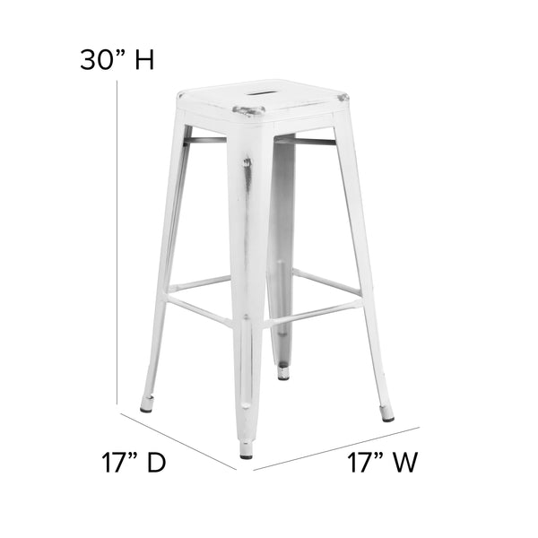 White |#| 30inch High Backless Distressed White Metal Indoor-Outdoor Barstool - Patio Chair