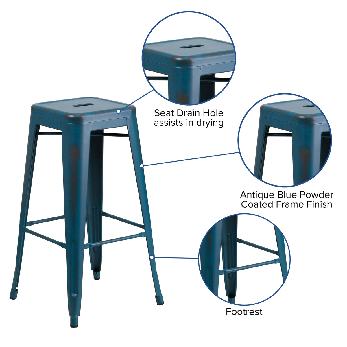 Antique Blue |#| 30inch High Backless Distressed Antique Blue Metal Indoor-Outdoor Barstool - Patio