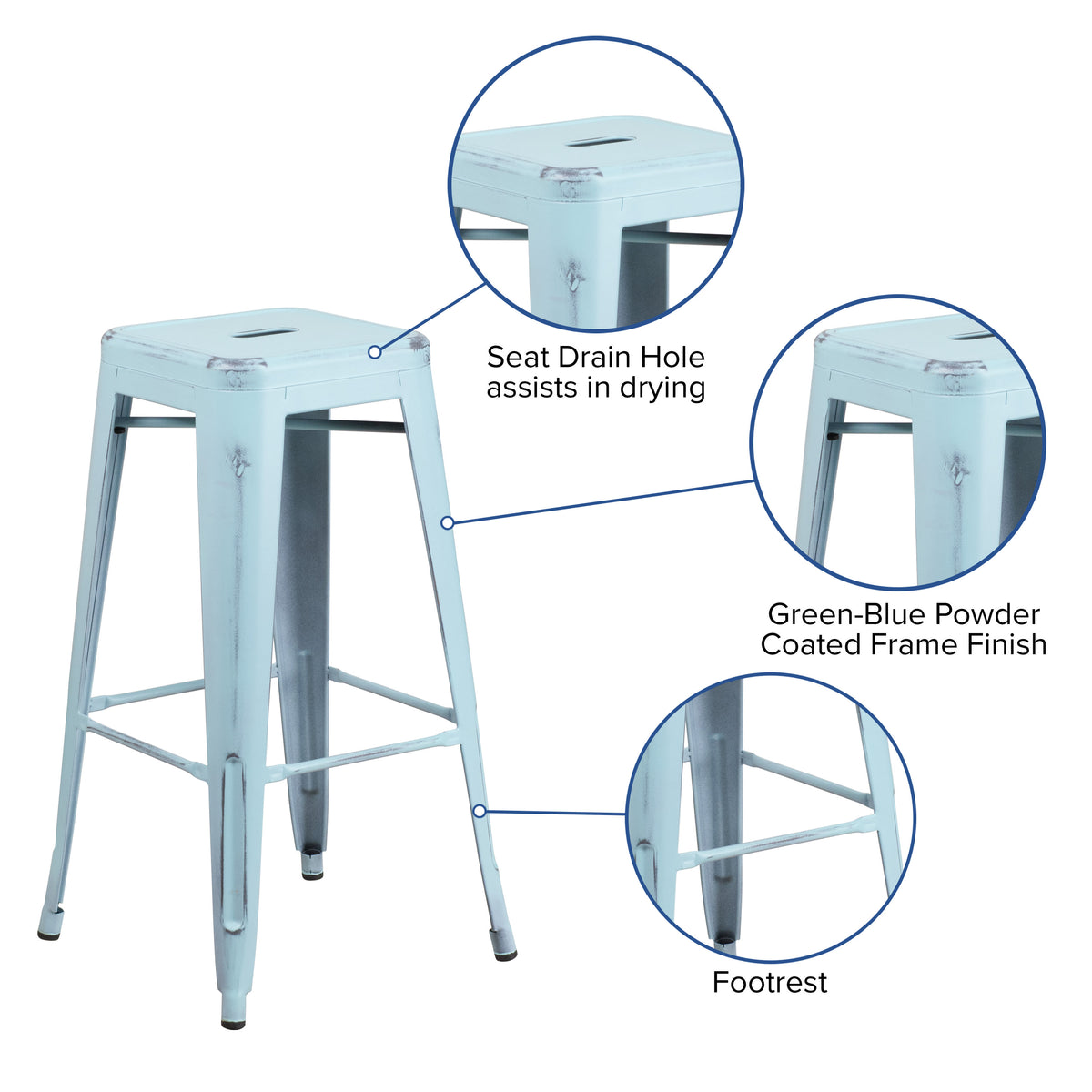 Green-Blue |#| 30inch High Backless Distressed Green-Blue Metal Indoor-Outdoor Barstool - Patio