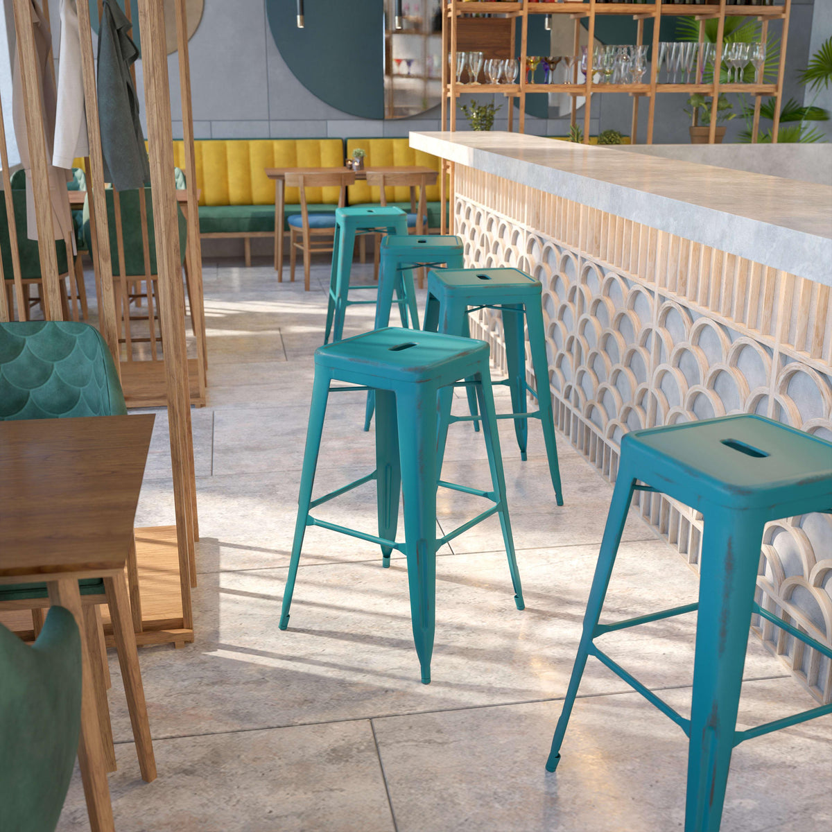 Kelly Blue-Teal |#| 30inch High Backless Distressed Blue-Teal Metal Indoor-Outdoor Barstool - Patio