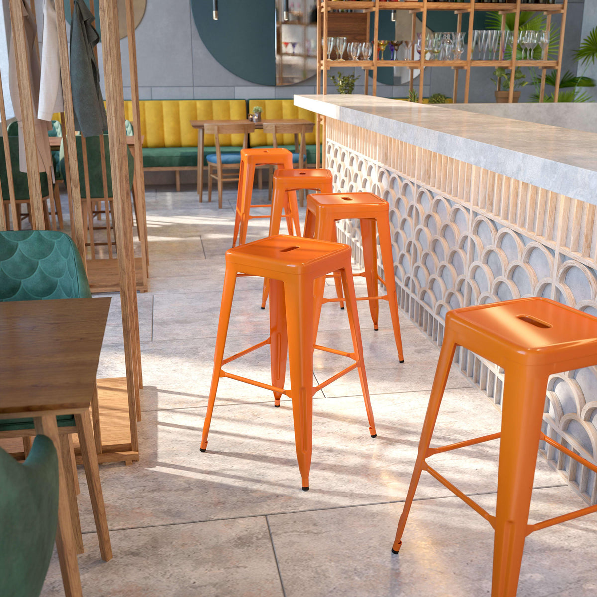 Orange |#| Commercial Grade 30inchH Backless Orange Metal Indoor-Outdoor Barstool, Square