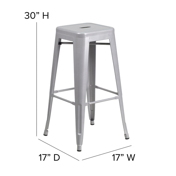 Silver |#| Commercial Grade 30inchH Backless Silver Metal Indoor-Outdoor Barstool, Square