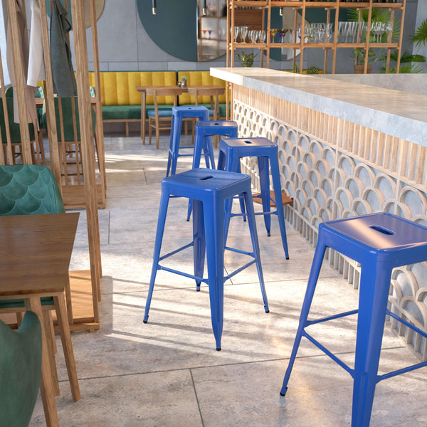 Blue |#| Commercial Grade 30inchH Backless Blue Metal Indoor-Outdoor Barstool, Square