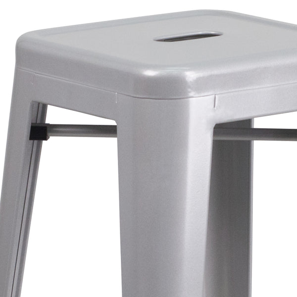 Silver |#| Commercial Grade 30inchH Backless Silver Metal Indoor-Outdoor Barstool, Square